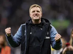  ?? PHOTO: GETTY IMAGES ?? Europe bound . . . Newcastle United boss Eddie Howe celebrates after his side drew 00 with Leicester City yesterday to guarantee a place in next year’s Champions League.