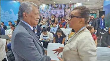  ?? ?? Pacific Islands Forum Secretary General Henry Puna speaks with Commonweal­th Secretary General Patricia Scotland during a talanoa session at the Moana Blue Pacific Pavillion in Sharm El-Shiekh, Egypt on November 13, 2022.