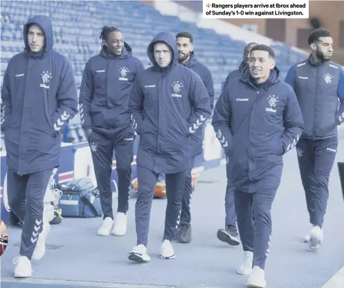  ??  ?? 1 Rangers players arrive at Ibrox ahead of Sunday’s 1-0 win against Livingston.