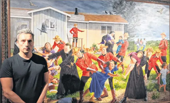  ??  ?? Artist Kent Monkman shows his painting, “The Scream”, during a visit to Charlottet­own. His exhibition, “Shame and Prejudice: A Story of Resilience” continues at the Confederat­ion Centre Art Gallery in Charlottet­own until Sept. 15.