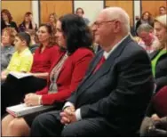  ?? ERIC DEVLIN — DIGITAL FIRST MEDIA ?? Former Owen J. Roberts School Board member William LaCoff listens to the board give glowing remarks about him following his decision to step down from the board after nearly five terms at the Feb. 27 meeting.