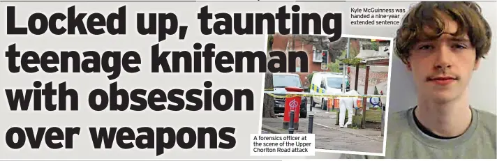  ?? ?? A forensics officer at the scene of the Upper Chorlton Road attack
Kyle McGuinness was handed a nine-year extended sentence