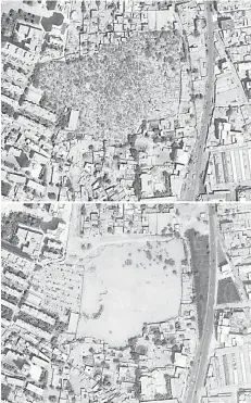  ??  ?? This combo of satellite images shows a picture (top) showing the Sulanim cemetery (centre) in Hotan, Xinjiang province and the same view on August 6, 2019 (bottom) with no sign of the facility and it has been replaced with a car park.