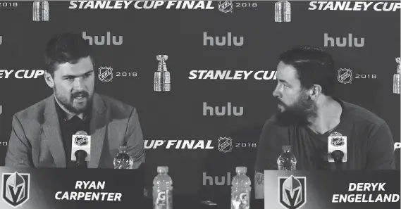  ?? BILL SIKES/AP ?? Vegas Golden Knights players Ryan Carpenter and Deryk Engelland spoke to the media Sunday rather than well-known stars such as Marc-Andre Fleury and William Karlsson.