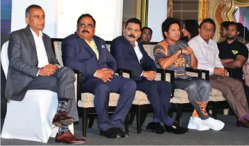  ??  ?? (From left) Mr Sudhanshu Vats, Group CEO and MD, Viacom 18; Mr Radhyeshya­m Mopalwar, Vice-chairman MSRDC; Mr Ravi Gaikwad, RTO Chief of Thane (Konkan range); Road Safety World Series Brand Ambassador Sachin Tendulkar and tournament commission­er Sunil Gavaskar during the launch of the Road Safety World Series at hotel St Regis in Mumbai recently.