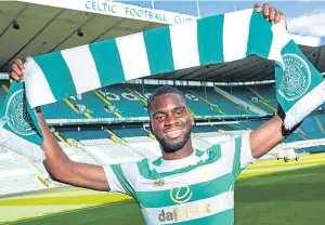  ??  ?? New Celtic signing Odsonne Edouard sports his new colours yesterday.