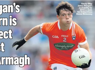  ??  ?? Timely fillip: James Morgan’s availabili­ty for2019 is a tonic for Orchard boss Kieran McGeeney