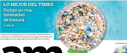  ??  ?? Grupos de investigad­ores buscan desarrolla­r métodos que permitan limpiar la contaminac­ión marina. En la imagen el contenido del estómago de una tortuga, según la Ocean Cleanup Foundation.