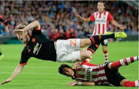  ?? GETTY IMAGES ?? Double fracture: Shaw is sent flying by Moreno’s tackle