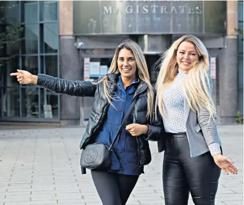  ?? ?? Kelsey Ridings, right, a 26-year-old accountant, celebrates outside Tameside magistrate­s’ court with her friend Paige Azad after being acquitted of drink-driving