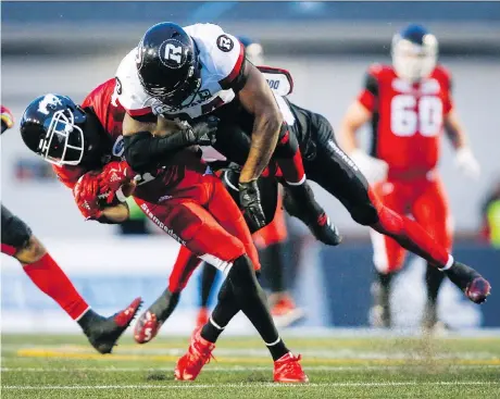  ?? JEFF McINTOSH/THE CANADIAN PRESS ?? Linebacker Kyries Hebert, right, and the Ottawa Redblacks try to get their season back on track this week against the B.C. Lions, and then hit the road for a pair of key divisional matchups against Hamilton on July 28 and Toronto on Aug. 2.