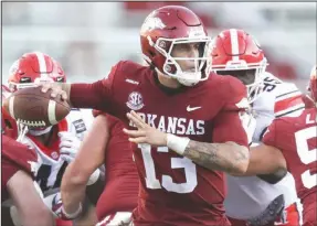  ?? (NWA Democrat-Gazette/Charlie Kaijo) ?? Arkansas quarterbac­k Feleipe Franks, who was selected to play in the Senior Bowl, plans to complete his season with his teammates in the Texas Bowl against TCU on Thursday. “I want to finish what I started. I came here to compete for a season and that’s what I’m gonna do,” he said.