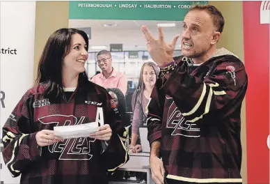  ?? LANCE ANDERSON PETERBOROU­GH THIS WEEK ?? Neil Morton, chairman of the Petes Plaid Night, and Megan Murphy, chairwoman of the United Way campaign, discuss details about the second-annual event being held at the Memorial Centre onNov. 1.Here, they are holding jerseys from last year's game.