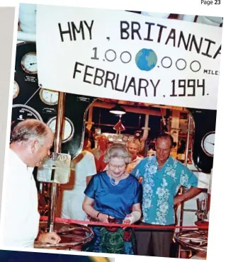  ??  ?? Royal refuge: The Queen on the deck of Britannia in 1971. Inset: Prince Philip and skipper Robert Woodard watch as the Queen marks the millionth mile on the same engines