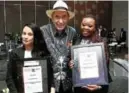  ?? ?? CA Davids, winner of the 2023 Fiction Prize, with Justice Albie Sachs and Bulelwa Mabasa, winner of the 2023 Non-Fiction Award.