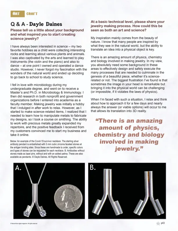  ??  ?? Below: An example of the Covid-19 survivor necklace. The sterling silver antibody pendant is embellishe­d with 5 mm cubic zirconia faceted stones at the antigen binding sites. Since these are handmade to order, specific colors and types of stones can be requested for each necklace. B. Antibodies without stones made as lapel pins, without and with an added patina. These are also available as pendants. © Dayle Daines. All Rights Reserved.