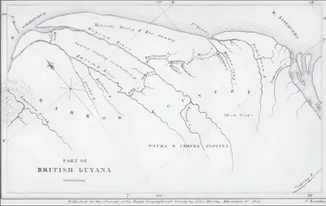  ??  ?? 1834 map of northweste­rn Guyana showing territory inhabited by the Warrau people