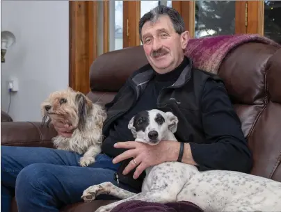  ??  ?? Liam Dowling at his home in Ballymacel­ligott with his pet dogs Lassie and Millie the greyhound. Photo by Domnick Walsh