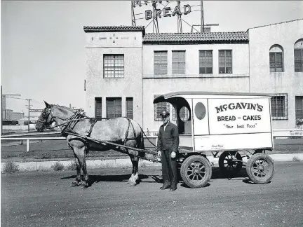  ?? SASKATOON PUBLIC LIBRARY LOCAL HISTORY COLLECTION A-56 ?? A delivery wagon at McGavin’s Bakery (now Earl’s restaurant), circa the 1930s. The photo appears on the cover of Amy Jo Ehman’s new book, which looks at why Saskatoon grew up to become more than just a typical Prairie town.