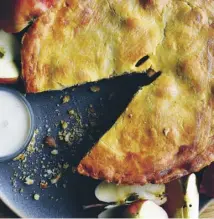  ??  ?? Cream of celery and Lanark Blue soup, main; apple and sultana pie, above