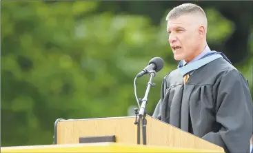  ?? Matthew Brown / Hearst Connecticu­t Media ?? Principal Michael Rinaldi addresses the Westhill High School Class of 2019 at commenceme­nt exercises on June 17 in Stamford. The March suspension of Rinaldi included a gag order that restricts his interactio­n with the school community when, parents say, it’s needed most.