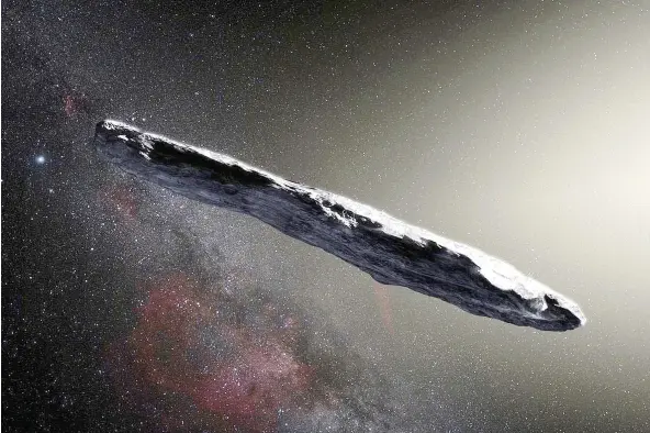  ?? M. KORNMESSER/EUROPEAN SOUTHERN OBSERVATOR­Y ?? This artist’s rendering shows the interstell­ar object named Oumuamua, which some speculated might be an alien ship when it exhibited odd movement patterns in the summer. But scientists say intergalac­tic travel is extremely unlikely. Distances between stars are too great and our energy systems too weak .