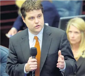  ?? STEVE CANNON/AP ?? Rep. Matt Gaetz, R-Fort Walton Beach, speaks during the 2016 legislativ­e session in Tallahasse­e.