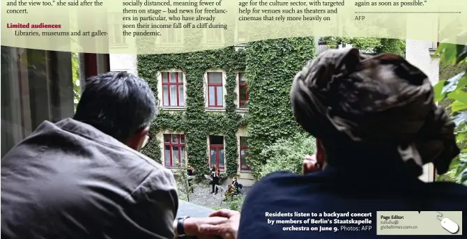  ?? Photos: AFP ?? Residents listen to a backyard concert by members of Berlin’s Staatskape­lle orchestra on June 9.