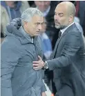  ??  ?? An angry United boss Jose Mourinho and City’s Pep Guardiola