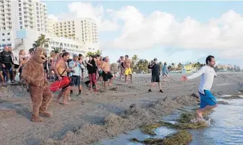  ?? JOE CAVARETTA/STAFF PHOTOGRAPH­ER ?? Hollywood Mayor Josh Levy leads the pack into the Atlantic for the 13th annual Groundhog Day plunge on Thursday.