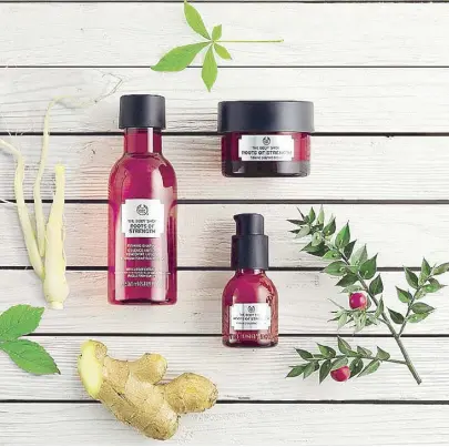  ??  ?? Going back to their roots: The Body Shop’s Roots of Strength skincare range is infused with three root extracts: ginger, ginseng and ruscus to firm, shape and plump the skin.