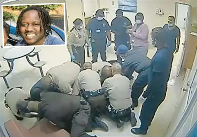  ?? ?? Surveillan­ce video image shows Irvo Otieno (also inset) pinned down at Central State Hospital in Petersburg, Va., on March 6. He was brought to the psychiatri­c care facility that day after his arrest in a suspected burglary. A prosecutor said Otieno “died of asphyxia.”