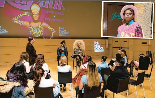  ?? CHRISTABEL­LE TAN/THE NEW SCHOOL; GETTY ?? “RuPaul” contestant­s Luxx Noir London (also inset) and Jax talk to students about the rise of drag art form and offer advice on how to lip synch in address to students last week at The New School in Greenwich Village.