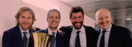  ??  ?? Da sinistra il vice presidente bianconero Pavel Nedved, il d.s. Fabio Paratici, il presidente Andrea Agnelli e l’a.d. Beppe Marotta GETTY