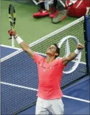  ?? JASON DECROW - THE ASSOCIATED PRESS ?? Rafael Nadal celebrates after beating Andrey Rublev, of Russia, during the quarterfin­als of the U.S. Open tennis tournament, Wednesday in New York.