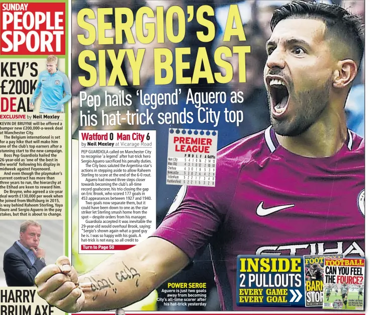  ??  ?? POWER SERGE Aguero is just two goals away from becoming City’s all-time scorer after his hat-trick yesterday