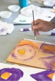  ??  ?? Randi Plotner works on creating a gelli print at the Frank Bette Center for the Arts in Alameda.