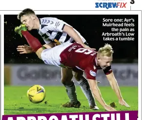  ?? ?? Sore one: Ayr’s Muirhead feels the pain as Arbroath’s Low takes a tumble