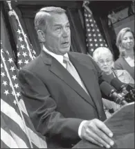  ?? AP/J. SCOTT APPLEWHITE ?? Speaker of the House John Boehner, joined by House Rules Committee member Rep. Virginia Foxx (center), R-N.C., and newly elected Rep. Barbara Comstock, R-Va., speaks Tuesday on Capital Hill in Washington after a GOP strategy session at Republican...