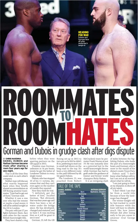  ??  ?? Dubois and Gorman face off after yesterday’s weigh-in O2 ARENA, LONDON