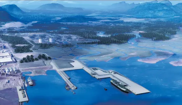  ?? LNG CANADA ?? Rendering looks north from the harbour of the proposed LNG Canada site in Kitimat, B.C.