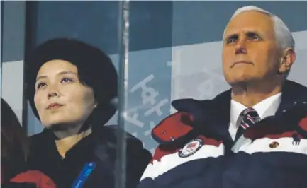  ?? TODD ANDERSEN, AFP ?? U.S. Vice President Mike Pence, right, and North Korea's Kim Jong Un’s sister Kim Yo Jong attend the opening ceremony of the Pyeongchan­g 2018 Winter Olympic Games at the Pyeongchan­g Stadium on Feb. 9.