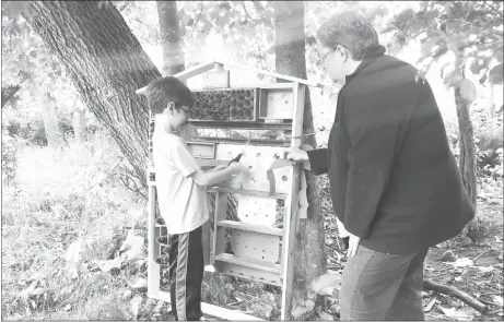  ??  ?? The tour continued out into the schoolyard where an inaugurati­on was held for the Bugz Inn, an insect hotel built by the students near the border of the grounds.