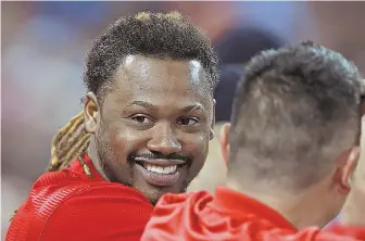  ?? STAFF PHOTO BY MATT STONE ?? SITTING IT OUT: Hanley Ramirez, who hit the game-winning homer in the 15th inning of Tuesday’s marathon at Fenway, watches last night’s game from the bench.