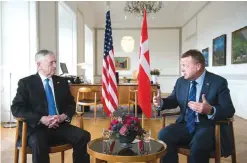  ??  ?? COPENHAGEN: Danish Prime Minister Lars Loekke Rasmussen (right) gestures during a meeting with US Secretary of Defense James Mattis in the Prime Minister’s Office at Christians­borg Castle yesterday. — AFP