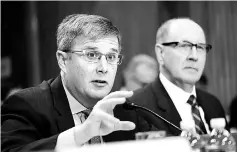  ??  ?? Peter Feaver (left), professor of political science and public policy at Duke University, and Kehler testify before the Senate Foreign Relations Committee in Washington. The committee heard testimony on the ‘Authority to Order the Use of Nuclear...