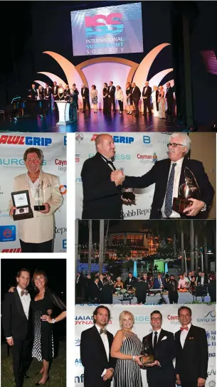  ??  ?? clockwise from top: ISS board members honor Bob Saxon; Rob Dohle and Bruce Brakenhoff Jr. accept the award for Sybaris; Dinner followed the awards ceremony; Paris Baloumis of Oceanco (far left) and Fabien Cousteau (far right) present the Fabien...