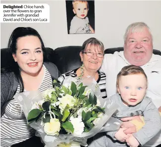  ??  ?? Delighted Chloe hands over the flowers to gran Jennifer with grandad David and Chloe’s son Luca