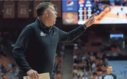  ?? GABY VELASQUEZ/EL PASO TIMES ?? New Mexico State basketball coach Greg Heiar reacts during a game against UTEP on Nov. 12 in El Paso, Texas.