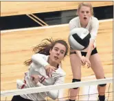  ?? Photos by Jeremy Stewart, Rome News-Tribune ?? LEFT: Rome High’s Olivia Vardy (9) hits the ball over the net as teammate Sydney Kligora looks on during the finals of the Battle of the Counties tournament against Coosa at Coosa High School.